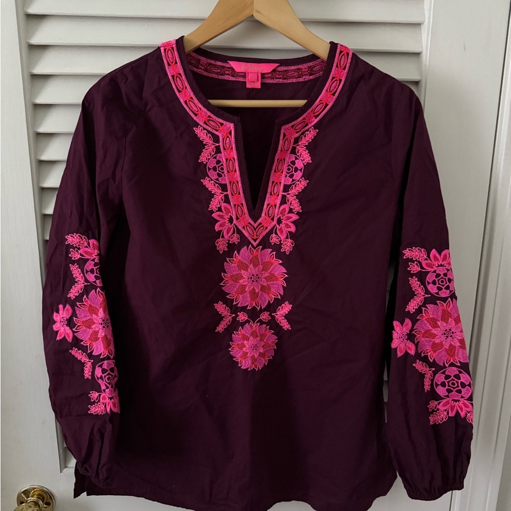 Lilly Pulitzer Purple Blouse with Pink Embroidery